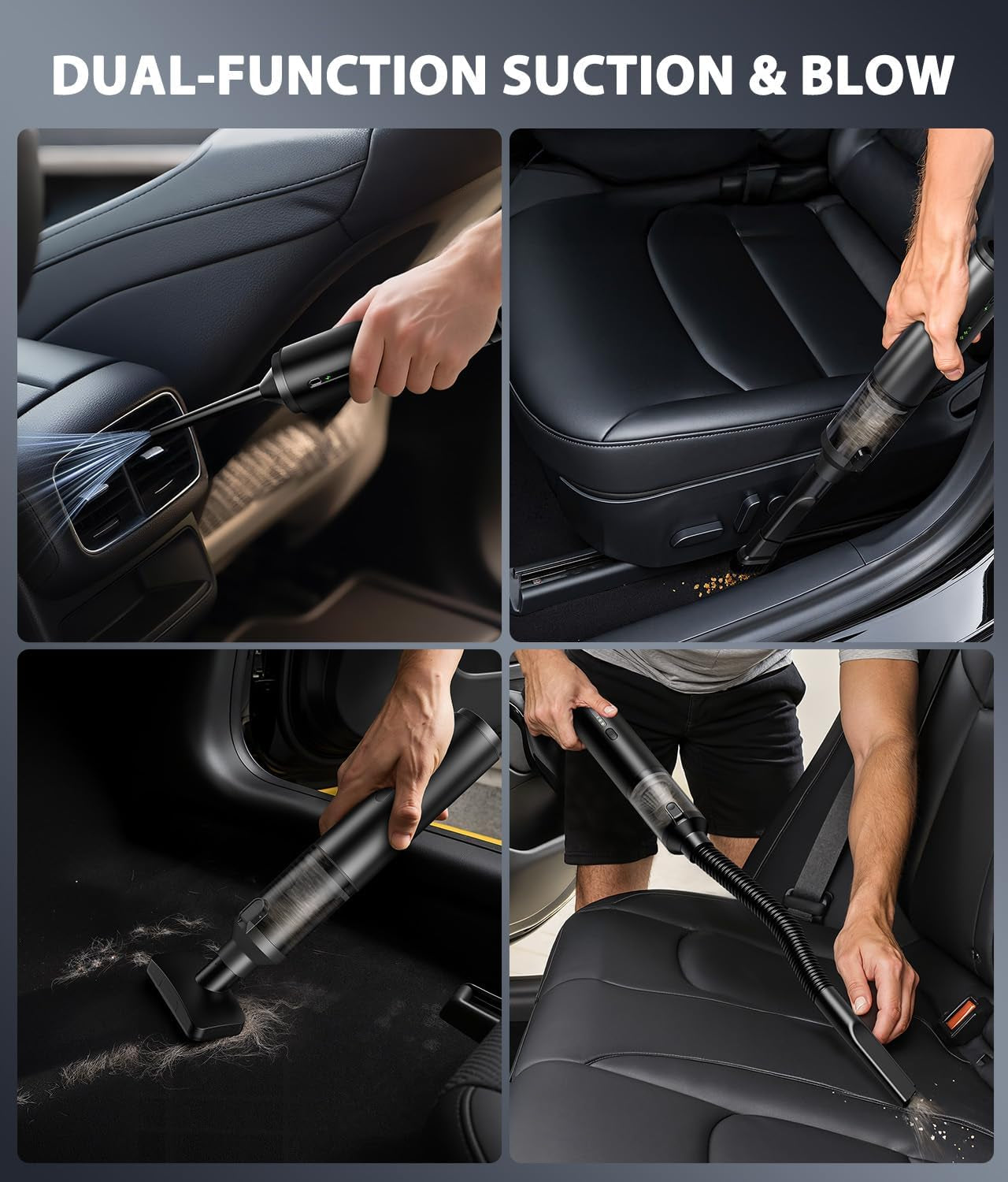 Car Vacuum Portable Cordless Handheld Vacuum Cleaner 4-In-1 Mini Cordless Vacuum with 2 Suction Modes and 16800Pa Suction Power Blowing & Inflating 2 Modes Handheld Vacuum for Car, Desk, Keyboards